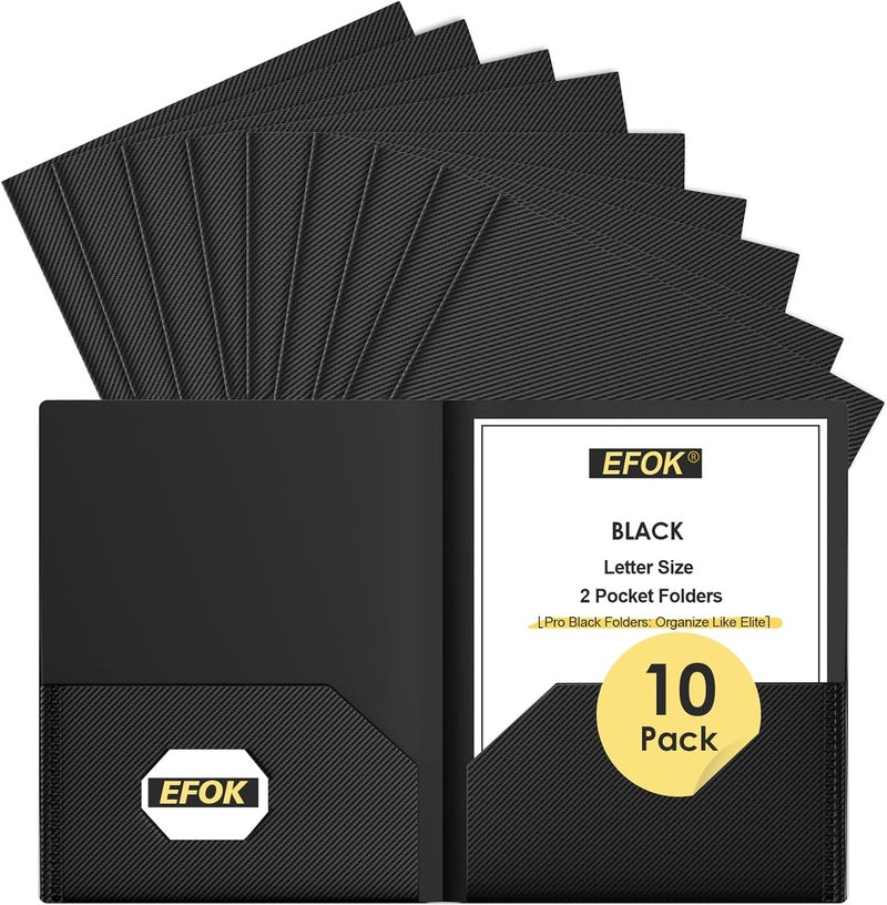 EFOK 10 Pack Heavy Duty Black Plastic Folders with 2 Pockets, Textured Light Luxury File Folders with Business Card Slot, Letter Size Filing Supplies for Back to School & Office Organization - Image 1